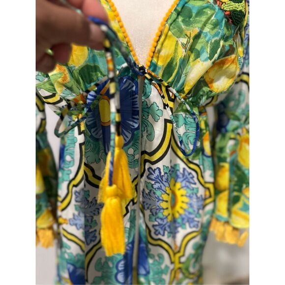 Antica Sartoria NWT lemons blue floral pattern beaded tie front long maxi cover - Picture 8 of 16